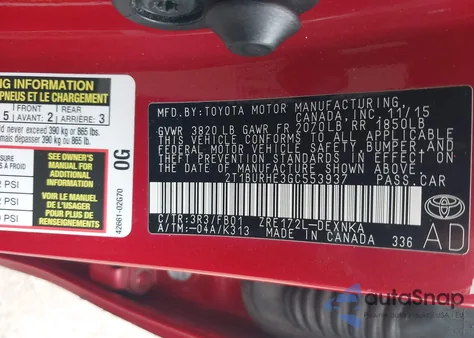 2016 Toyota Corolla Le from USA, damaged, VIN 2T1BURHE3GC553937